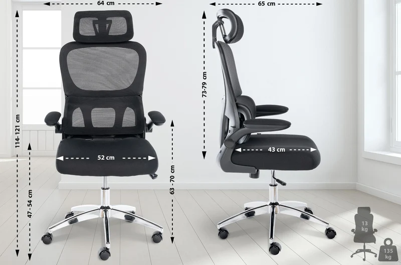 Chaise de bureau ergonomique dossier maille respirante appui-tête et soutien lombaire réglables accoudoirs rabattables pivotante 360° 10_0007103