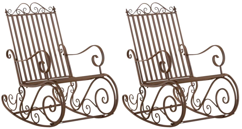 Lot de 2 fauteuils à bascule en fer forgé marron vieilli style vintage romantique rocking chair jardin terrasse ou intérieur 10_0007963