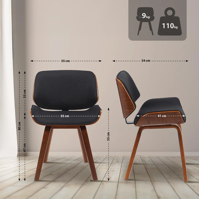Chaise de salle à manger design rétro en tissu noir avec piètement en bois courbé aspect noyer 10_0007470