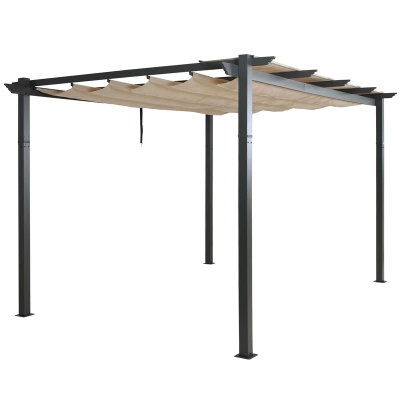 Pergola aluminium pavillon de jardin avec toit coulissant réglable protection UV50+ structure stable 3x4 m tissu crème beige 04_0009580