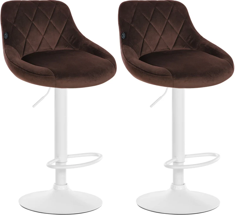 Lot de 2 tabourets de bar pivotant hauteur réglable en velours marron surpiqûres décoratives cadre en métal blanc 10_0006772
