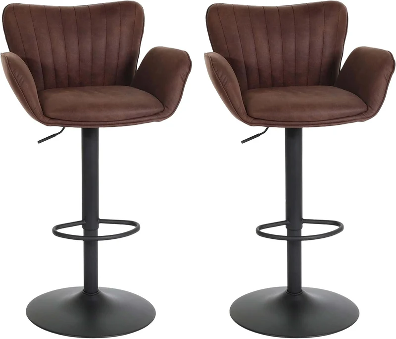 Lot de 2 tabourets de bar chaise haute avec accoudoir repose-pieds rotatif en tissu marron foncé base en fer noir TDB04091