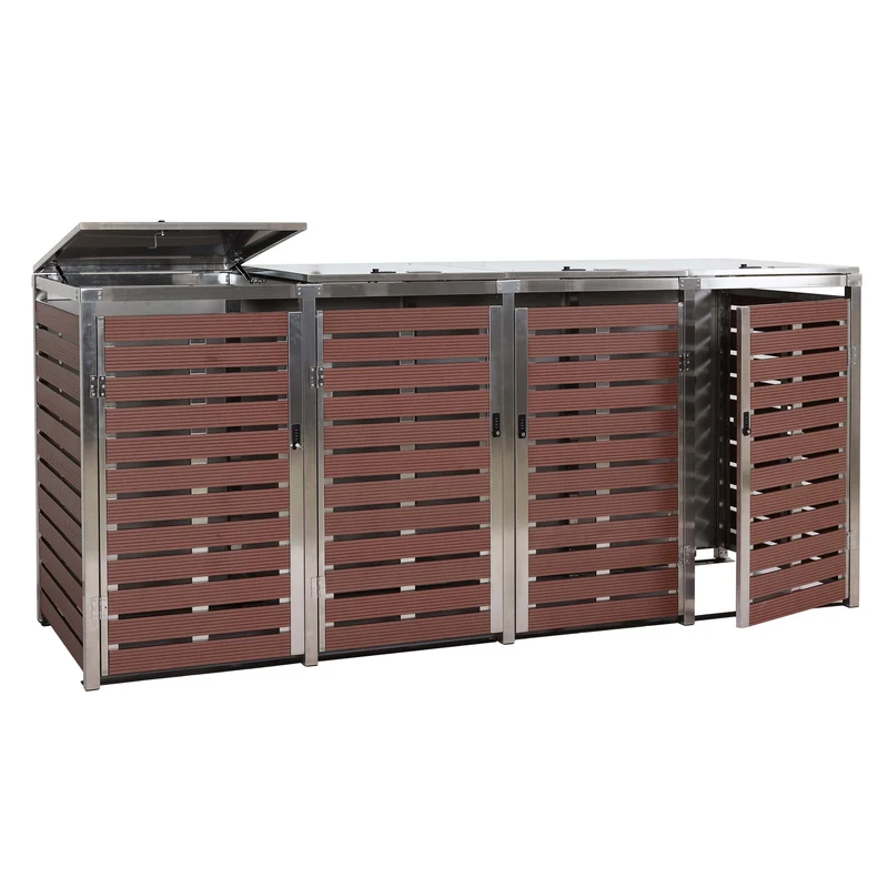 Abri pour 4 poubelles cache-poubelles extérieur 120 x 264 x 85 cm WPC et acier inoxydable aspect bois noyer 04_0007561