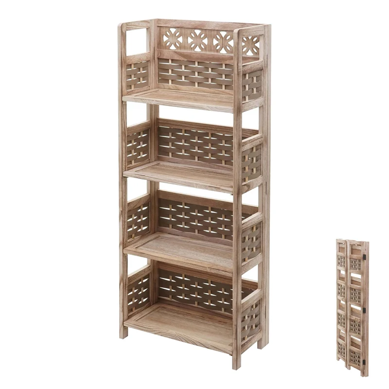 Etagère sur pied pliable 4 niveaux de rangement hauteur 110 cm polyrotin et MDF tresse marron 04_0006784