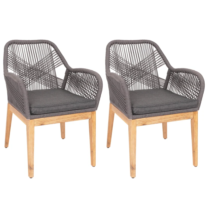 Lot de 2 chaises de jardin moderne résistant aux intempériese en bois d’acacia dossier arrondi en corde tressée gris coussin gris 04_0010099