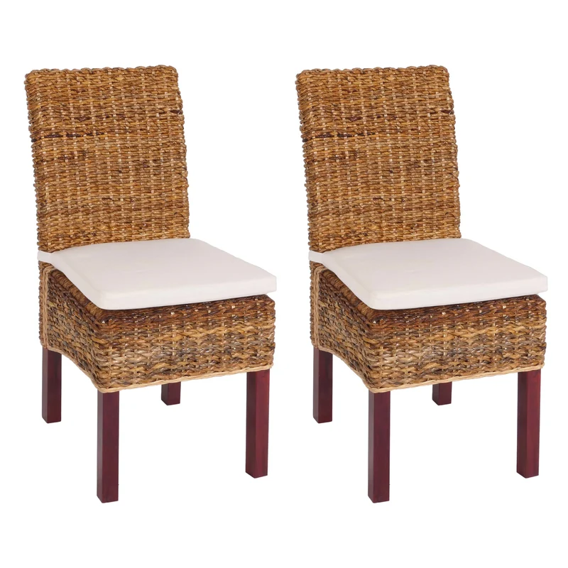 Lot de 2 chaises de salle à manger en tressage de feuilles de bananier pieds en acajou avec coussins 04_0011571