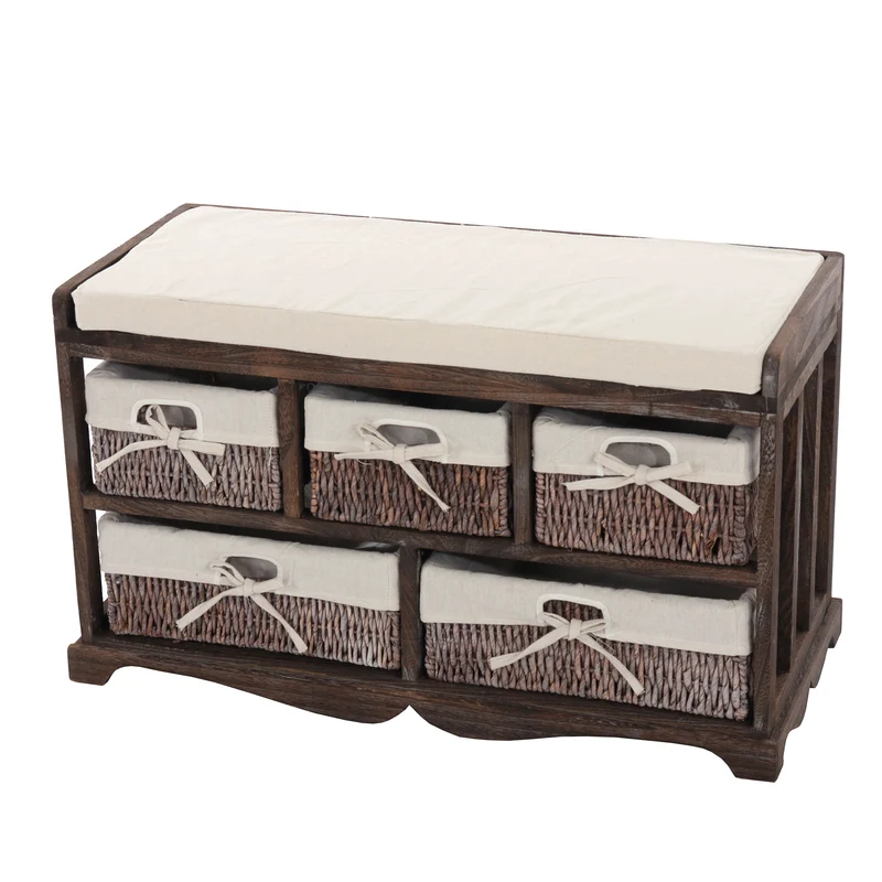 Commode banc de rangement shabby chic avec coussin et 5 tiroirs bois massif marron 45 x 77 x 36 cm 04_0011442