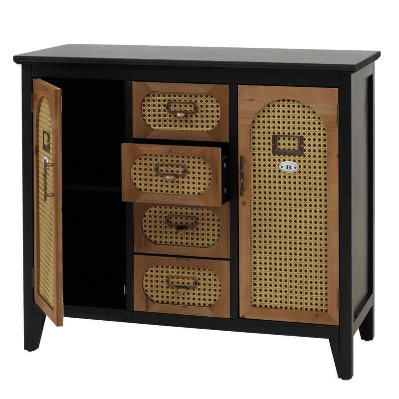 Commode style apothicaire buffet meuble de rangement avec tiroirs et portes style vintage rotin 80 x 91 x 40 cm structure noire 04_0009114