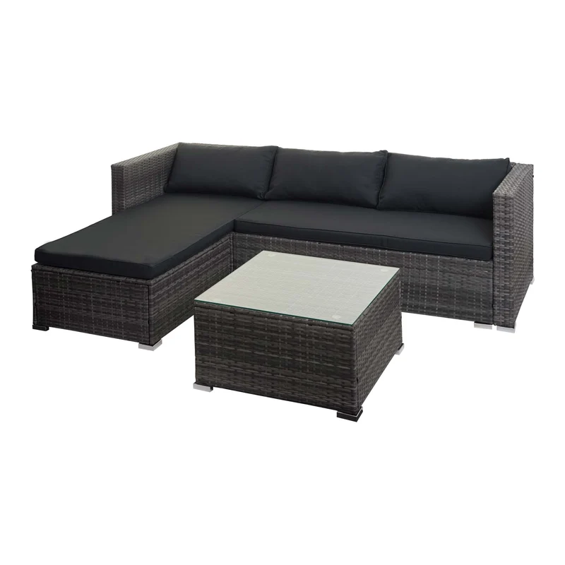 Salon de jardin en poly-rotin gris ensemble lounge balcon terrasse canapé avec table avec coussins gris foncé 04_0004215