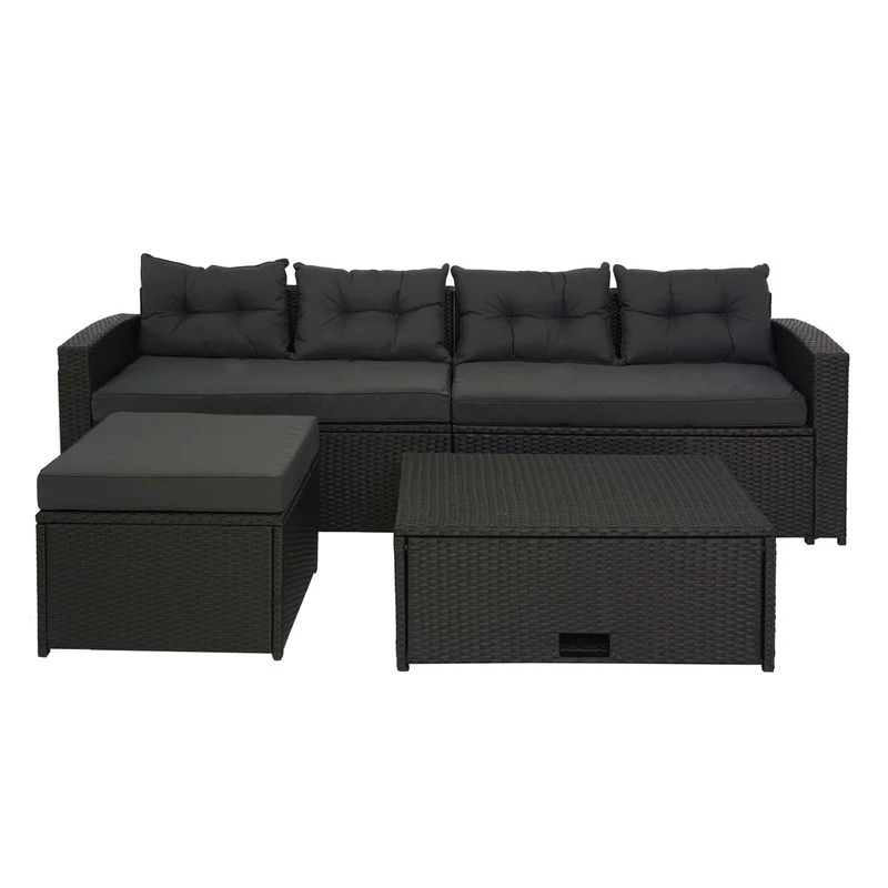 Salon de jardin en poly-rotin noir ensemble lounge balcon terrasse canapé avec rangement avec coussins gris foncé 04_0004205