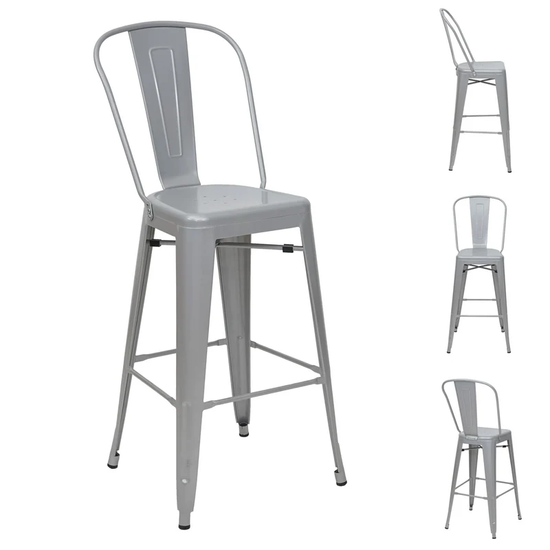 Lot de 4 tabourets de bar avec dossier design industriel en métal gris avec repose-pieds 04_0000613