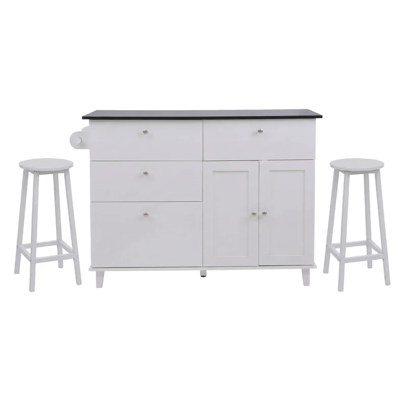 Îlot de cuisine avec 2 tabourets meuble de rangement avec 4 tiroirs et 2 portes 90x131x47 cm blanc et aspect marbre noir 04_0008788