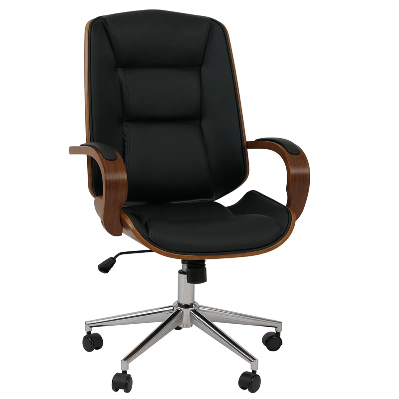 Fauteuil de bureau sur roulettes pivotant avec accoudoirs en simili cuir noir avec structure en bois courbé finition noyer 04_0009101