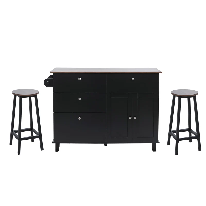 Îlot de cuisine avec 2 tabourets meuble de rangement avec 4 tiroirs et 2 portes 90x131x47 cm noir et bois clair 04_0008787