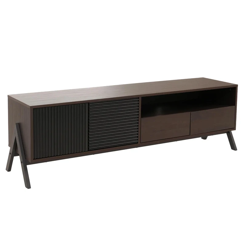Meuble TV avec 2 tiroirs portes structurées et rangement 48 x 155 x 40 cm finition noyer MDF et métal 04_0009208