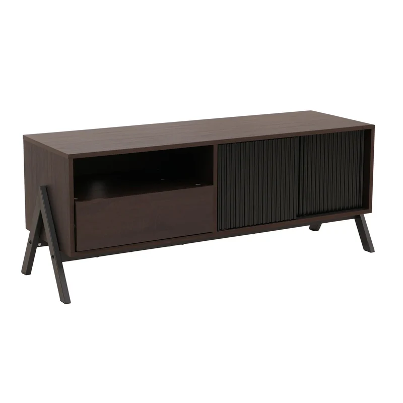 Meuble TV bas en finition noyer 120 cm avec porte coulissante tiroir et rangements structure métal 04_0009221