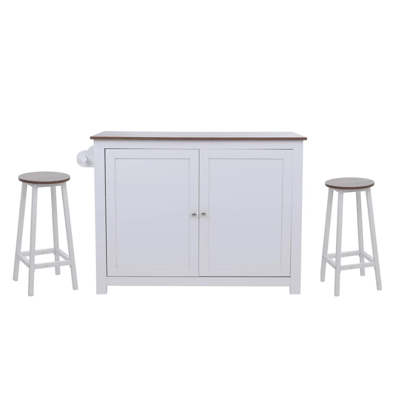 Îlot de cuisine avec 2 tabourets placard de rangement et tiroir 90x120x45 cm blanc et bois foncé 04_0008782