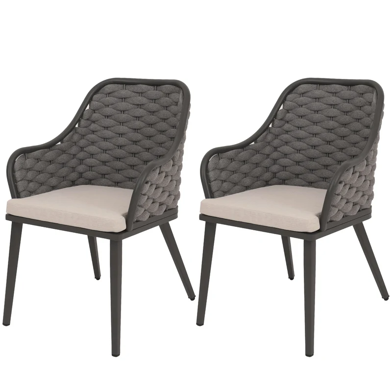 Lot de 2 chaises de jardin avec tressage épais et coussins taupe style moderne en aluminium anthracite 04_0009593