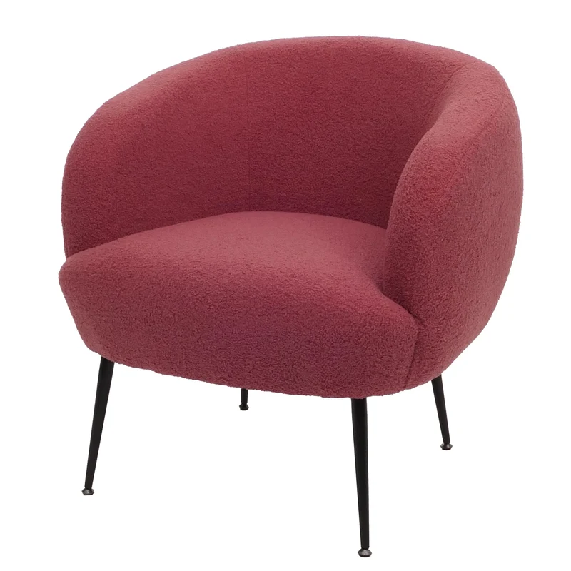 Fauteuil lounge dossier enveloppant et design arrondi en tissu bouclé rouge pourpre avec pieds métal 04_0009484