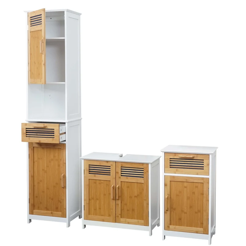Ensemble de meubles de salle de bain en bambou blanc avec colonne commode et meuble sous-vasque 04_0011309