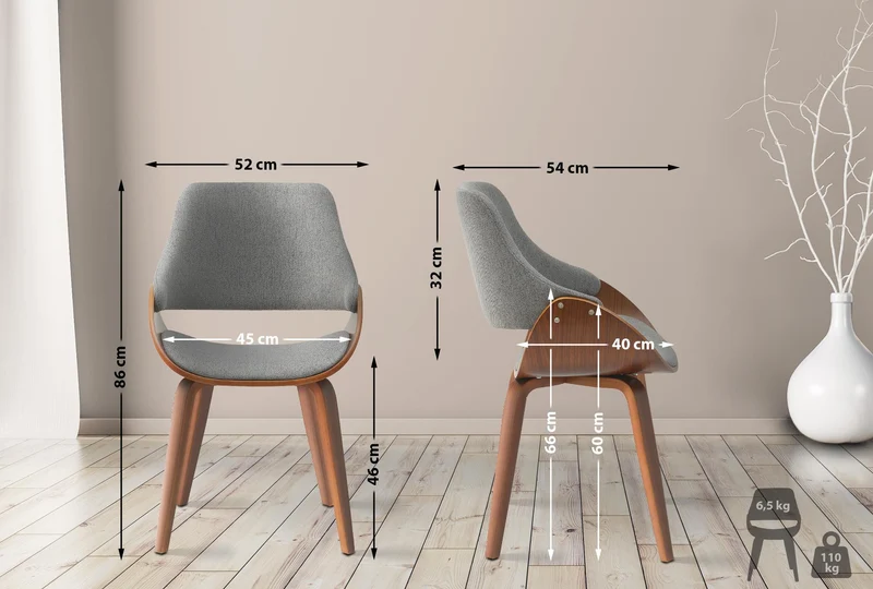 Chaise de salle à manger x1 design scandinave en bois courbé couleur noyer et tissu gris 10_0007707