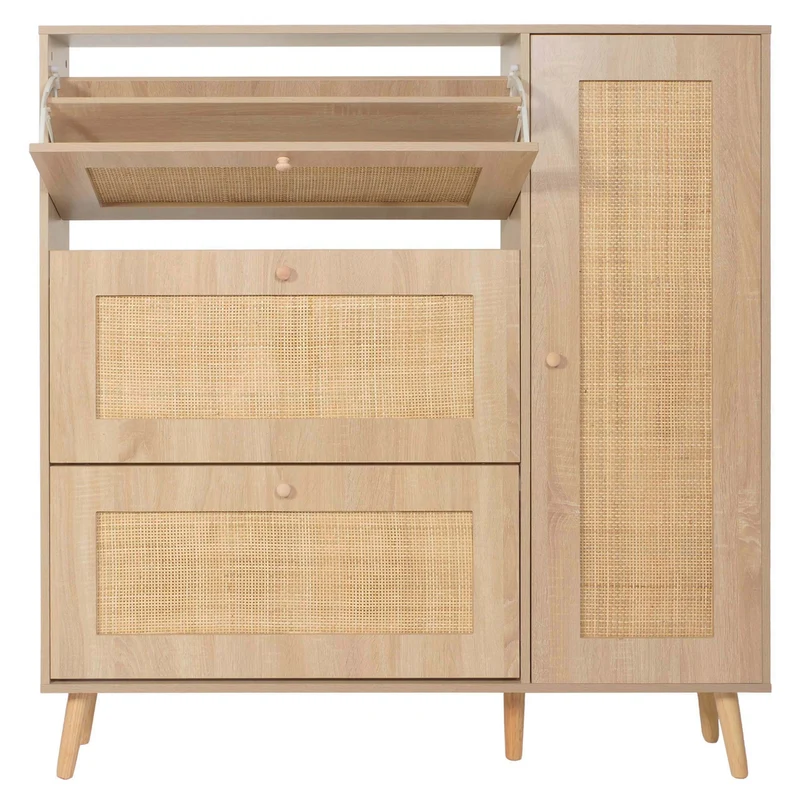Meuble à chaussures avec 3 compartiments basculants portes en rotin kubu tressé à la main 127x120x24 cm décor chêne 04_0010111