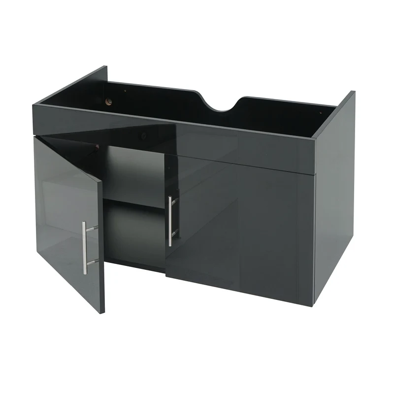 Meuble sous-vasque 90 cm meuble de salle de bain suspendu avec 2 portes et étagère réglable MDF noir brillant 04_0010535