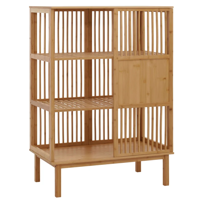 Étagère sur pied en bambou style intemporel 115x80x45 cm avec porte coulissante 3 étagères bambou verni 04_0009777