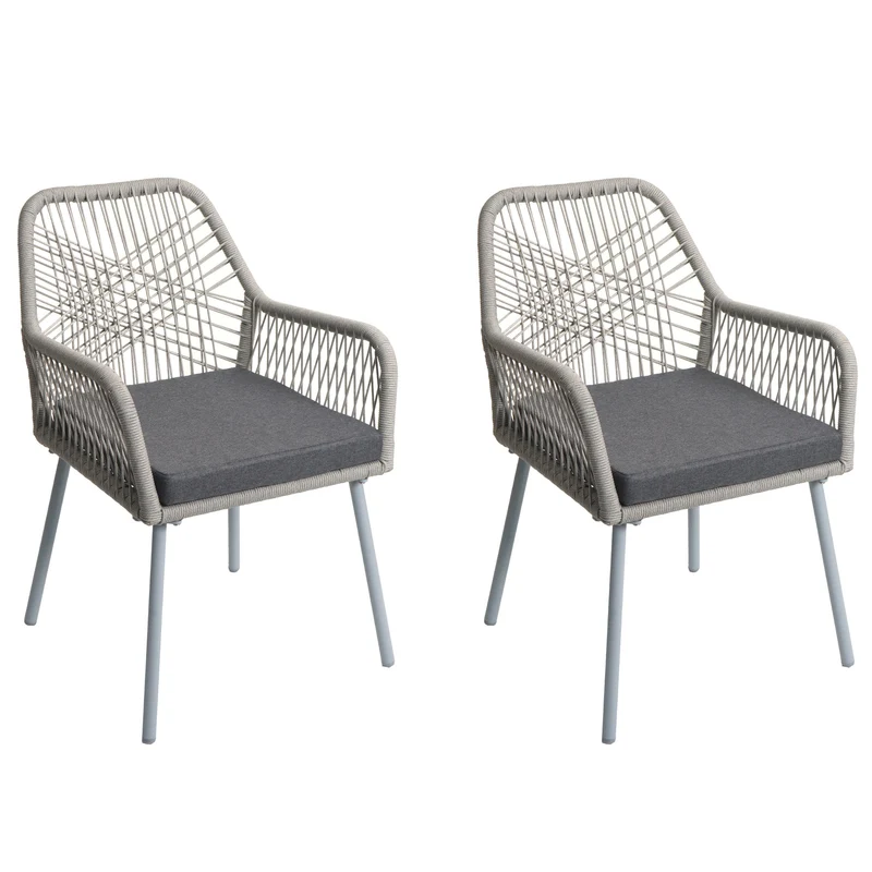 Lot de 2 chaises de jardin motif graphique aéré en aluminium gris corde tressée et coussins gris foncé inclus 04_0009691