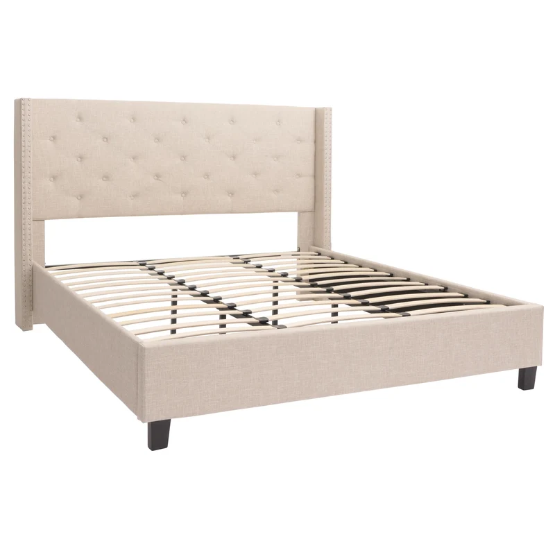 Lit rembourré 180x200 cm en tissu crème-beige avec sommier à lattes structure en bois massif tête de lit capitonnée style classique 04_0010071
