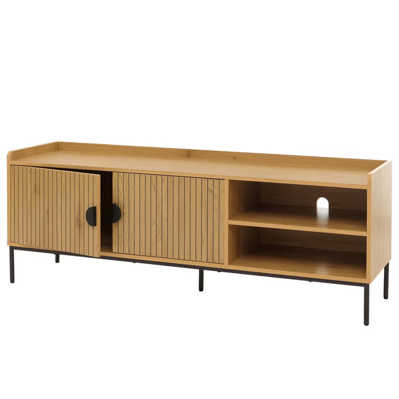 Meuble TV façades à lamelles 2 portes et compartiment ouvert 56x150x40 cm en MDF mélaminé naturel 04_0009434