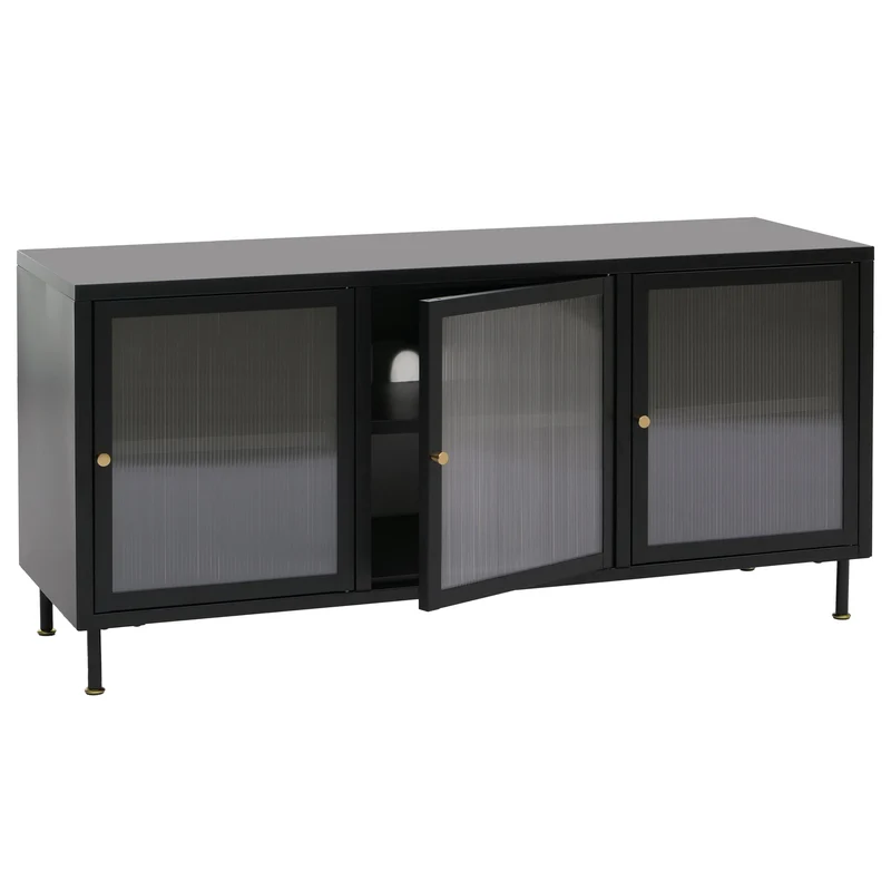 Meuble TV 2 portes 6 compartiments style industriel 58x120x40 cm en acier noir et verre structuré 04_0008866