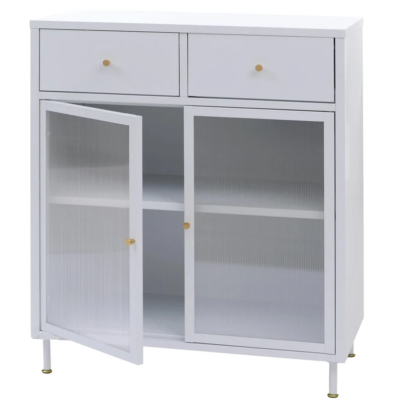Commode industrielle en métal blanc avec portes en verre strié 2 tiroirs et étagère réglable 96x80x40 cm 04_0008875