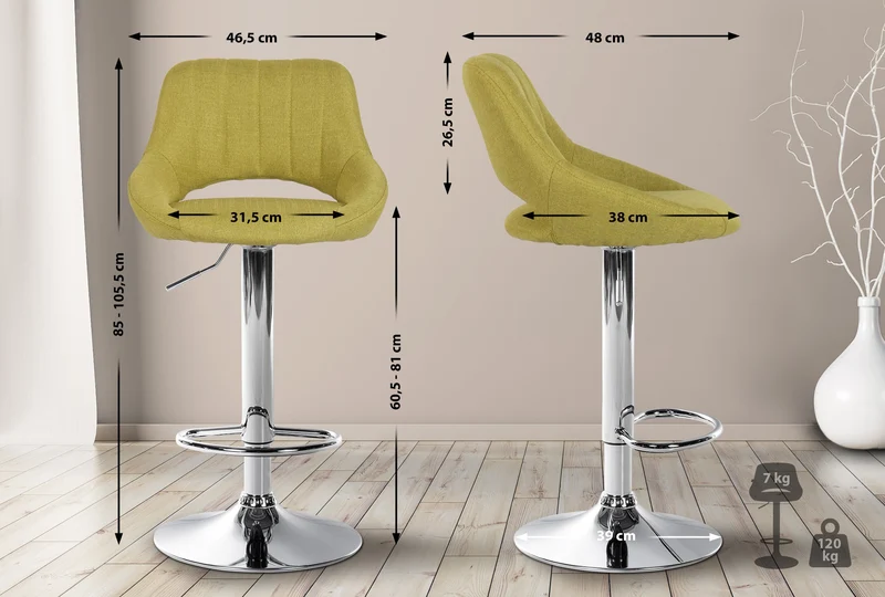 Tabouret de bar x1 avec repose-pieds réglables en tissu vert dossier ajouré et pied métal chromé 10_0006127