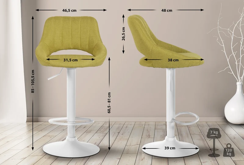 Lot de 2 tabourets de bar réglables en tissu vert dossier ajouré et pied métal blanc 10_0006541