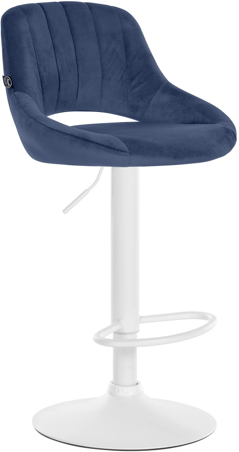 Tabouret de bar x1 réglable en hauteur en velours bleu dossier ajouré et pied métal blanc 10_0005729