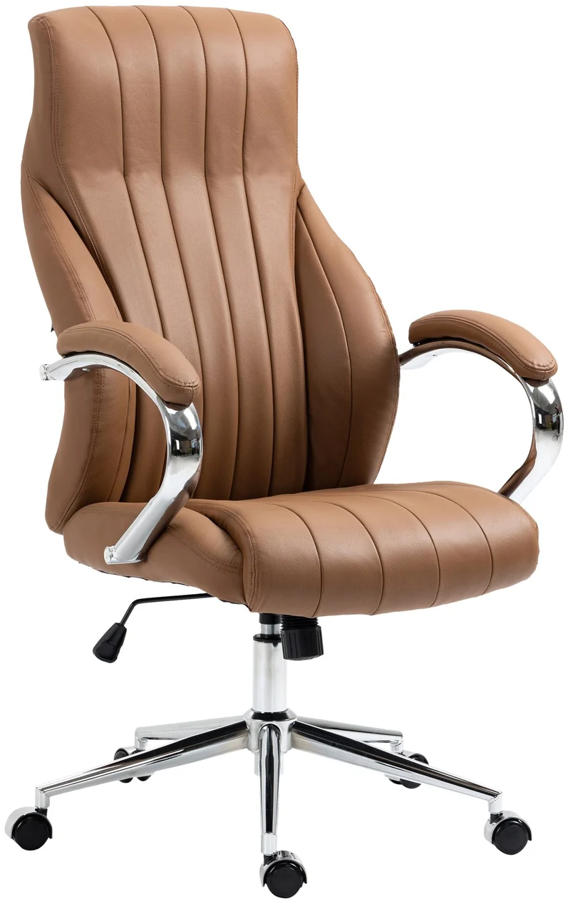 Fauteuil de bureau avec accoudoirs avec surpiqûre verticale en véritable marron clair gris cadre en métal chromé 10_0007024