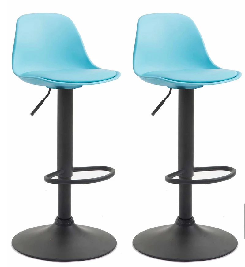Lot de 2 tabourets de bar moderne et confortable assise en PVC bleu coque en plastique et pieds en métal noir 10_0004236