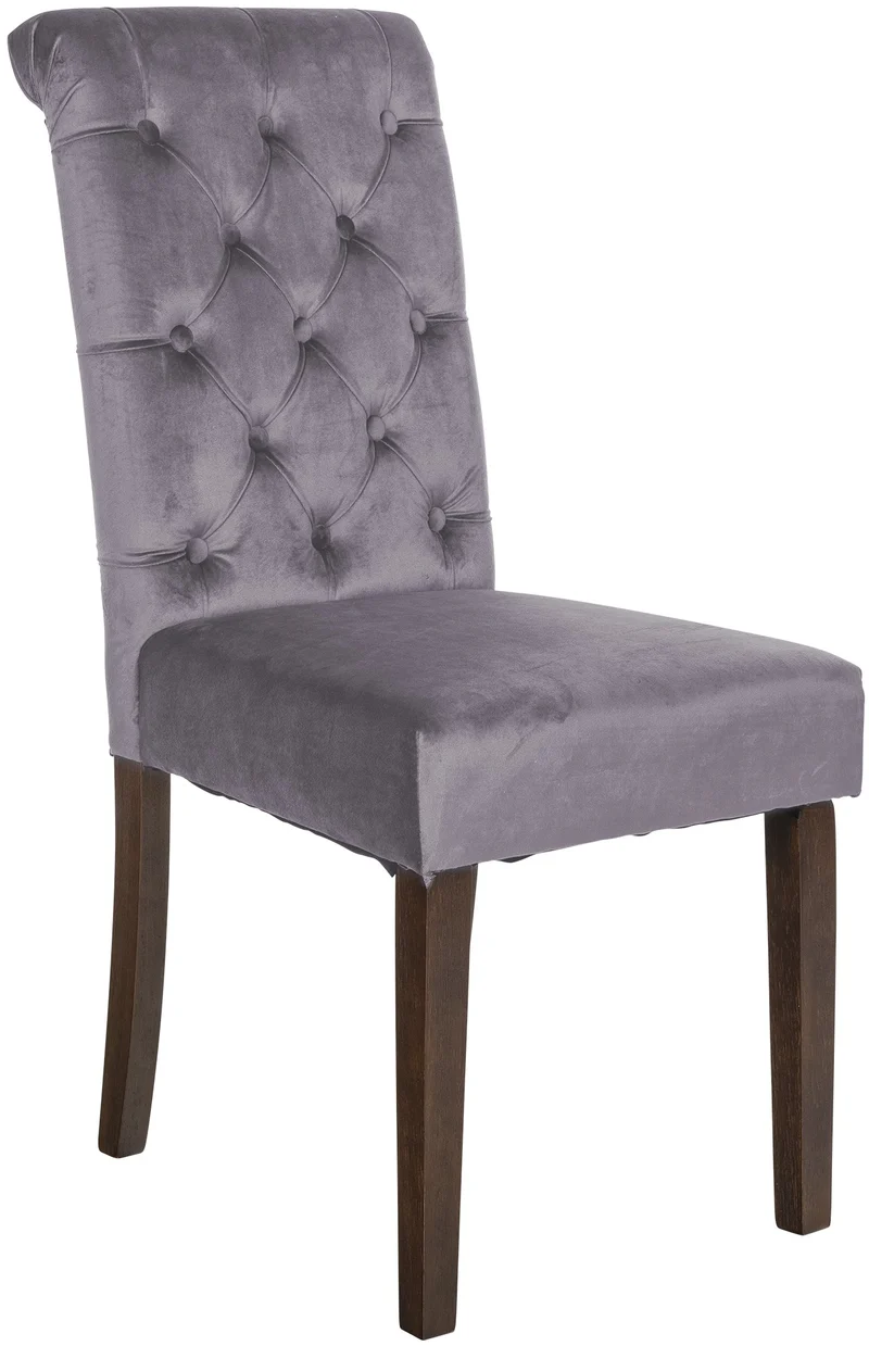 Chaise de salle à manger x1 dossier capitonné en velours gris foncé pieds en bois marron 10_0002047