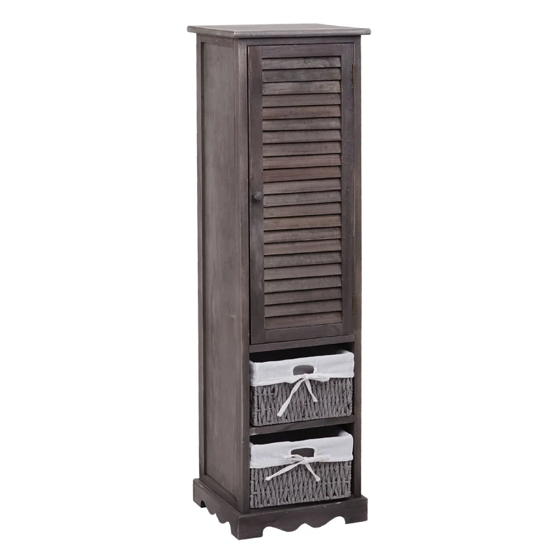 Commode de salle de bain 120x27x29 cm en bois massif style shabby gris-brun 1 porte et 2 paniers 04_0010383