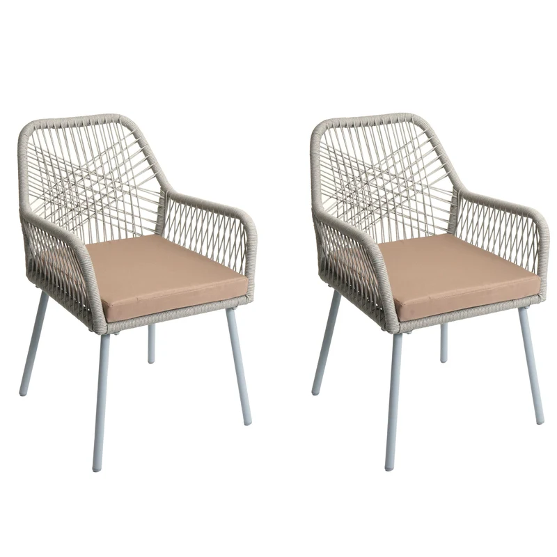 Lot de 2 chaises de jardin motif graphique aéré en aluminium gris corde tressée et coussins taupe inclus 04_0009693