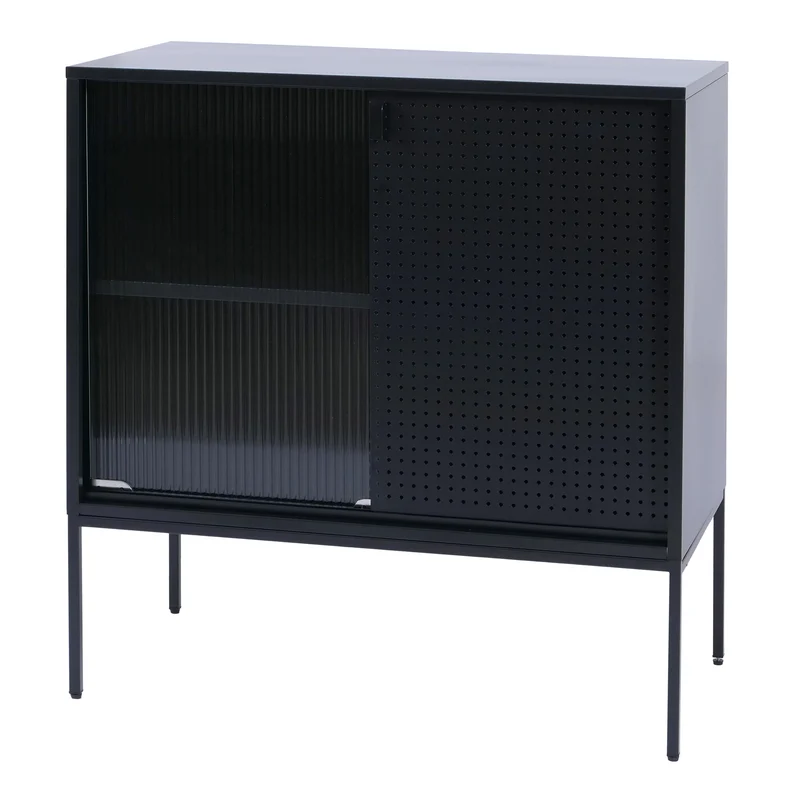 Commode avec portes coulissantes en verre strié style industriel 85x80x45 cm en acier noir 04_0008868