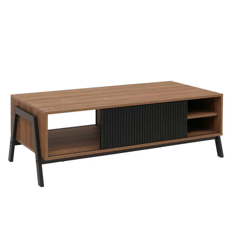 Table basse rectangulaire fonctionnelle avec rangement portes coulissantes 42 x 120 x 60 cm en MDF bois naturel et métal noir 04_0009220