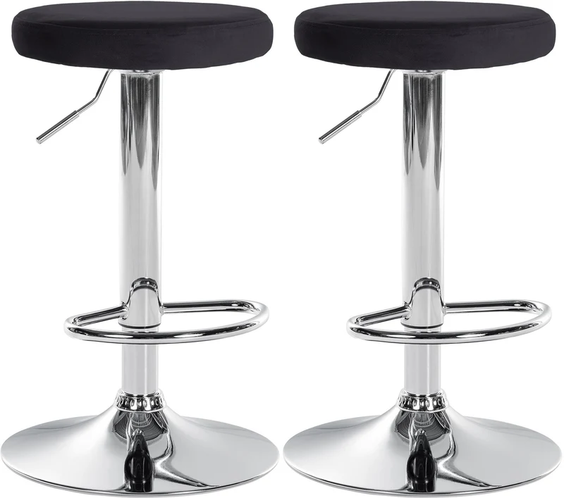 Lot de 2 tabourets de bar avec assise en tissu velours noir et cadre métal chromé TDB10718