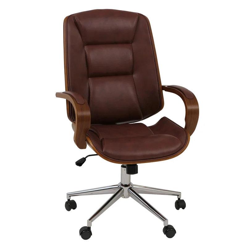 Fauteuil de bureau sur roulettes pivotant avec accoudoirs en simili cuir rouge brun avec structure en bois courbé finition noyer 04_0009096