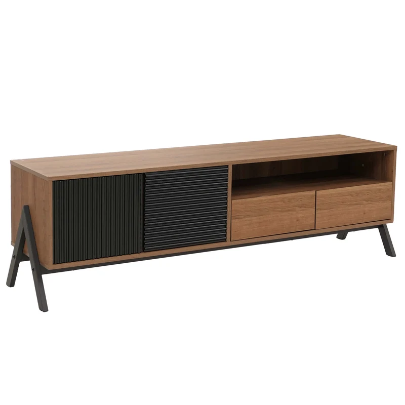 Meuble TV avec 2 tiroirs portes et compartiments de rangement 48x155x40 cm en MDF finition mélaminée et métal 04_0009209