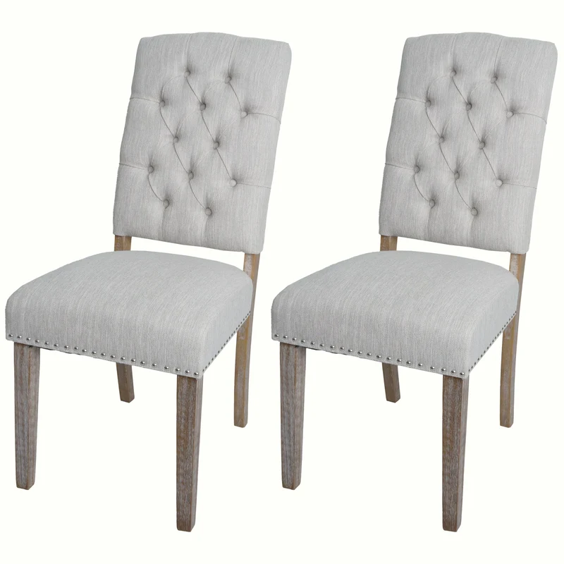 Lot de 2 chaises de salle à manger rembourrée style Chesterfield avec clous décoratifs en tissu gris clair pieds en bois 04_0009287
