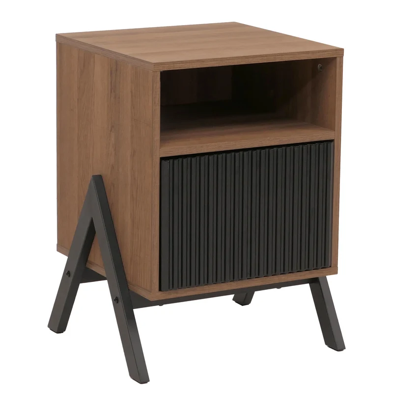 Table de chevet avec tiroir et compartiment ouvert meuble d’appoint 59x40x40 cm en MDF et pieds en V métal 04_0009214