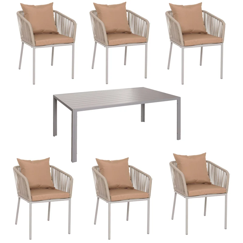 Salon de jardin avec table 180x80 cm + 6 chaises en aluminium et corde tressée gris coussins taupe 04_0010087