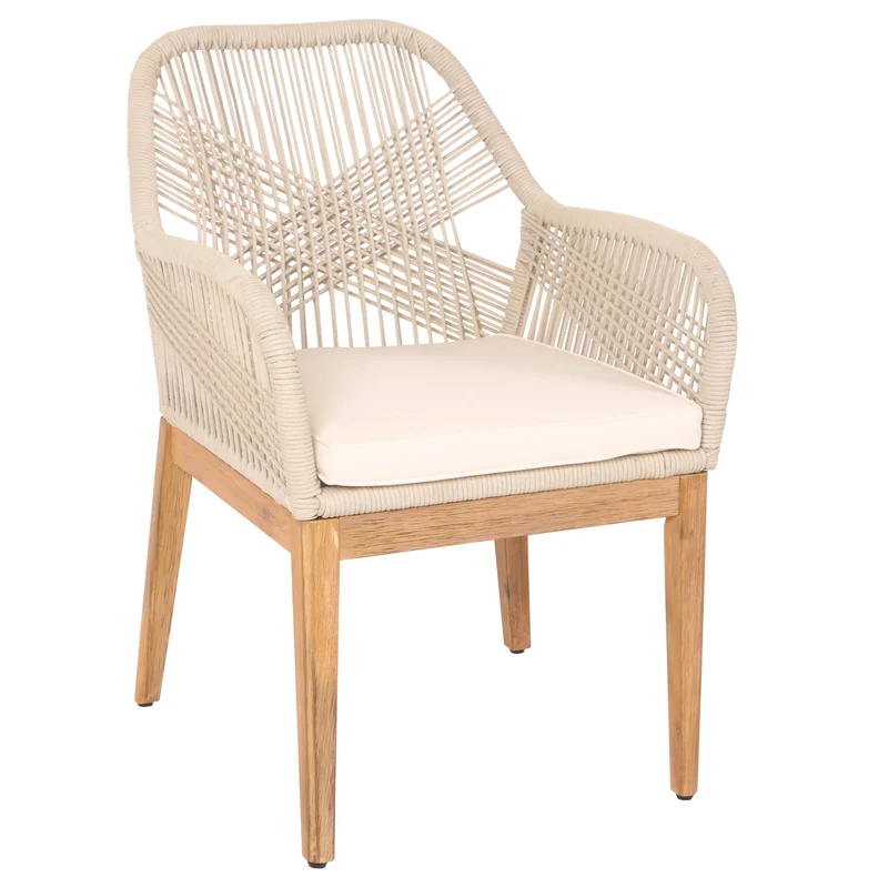 Chaise de jardin moderne résistant aux intempériese en bois d’acacia dossier arrondi en corde tressée crème coussin crème 04_0010101